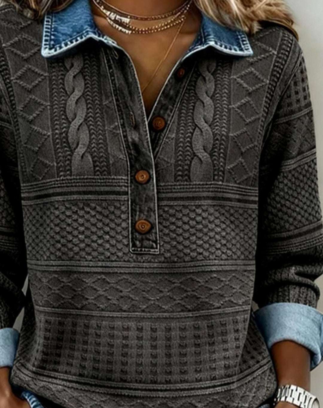 Women's Denim-Effect Cable-Knit Polo Button Pullover Top