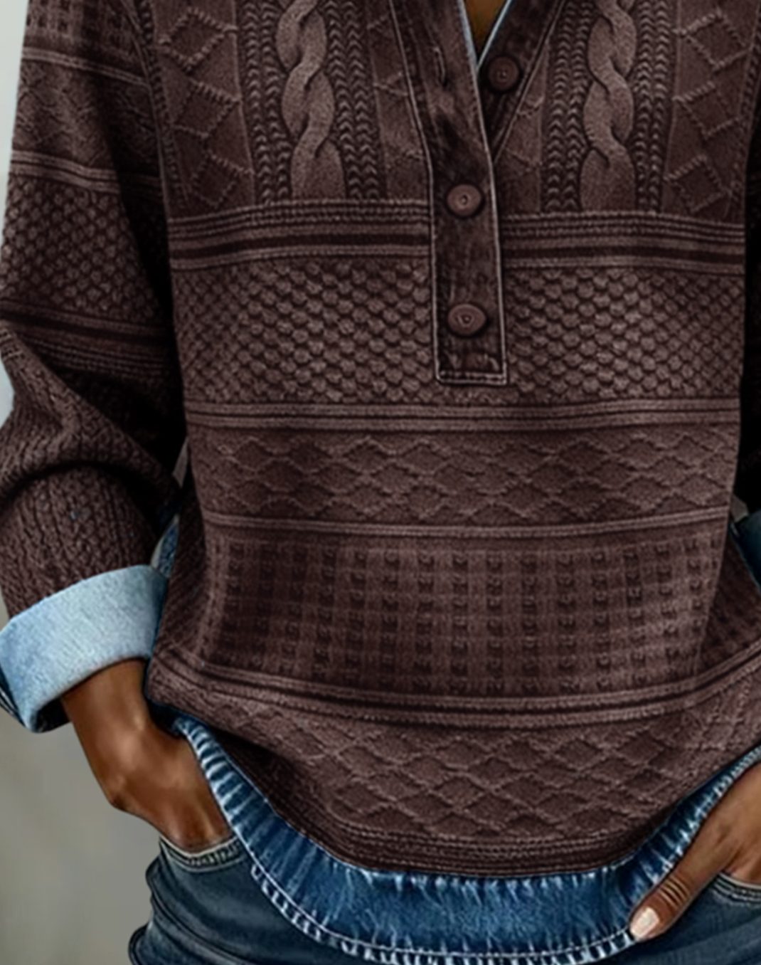 Women's Denim-Effect Cable-Knit Polo Button Pullover Top