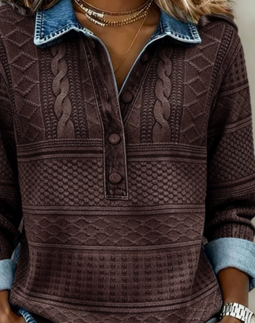 Women's Denim-Effect Cable-Knit Polo Button Pullover Top