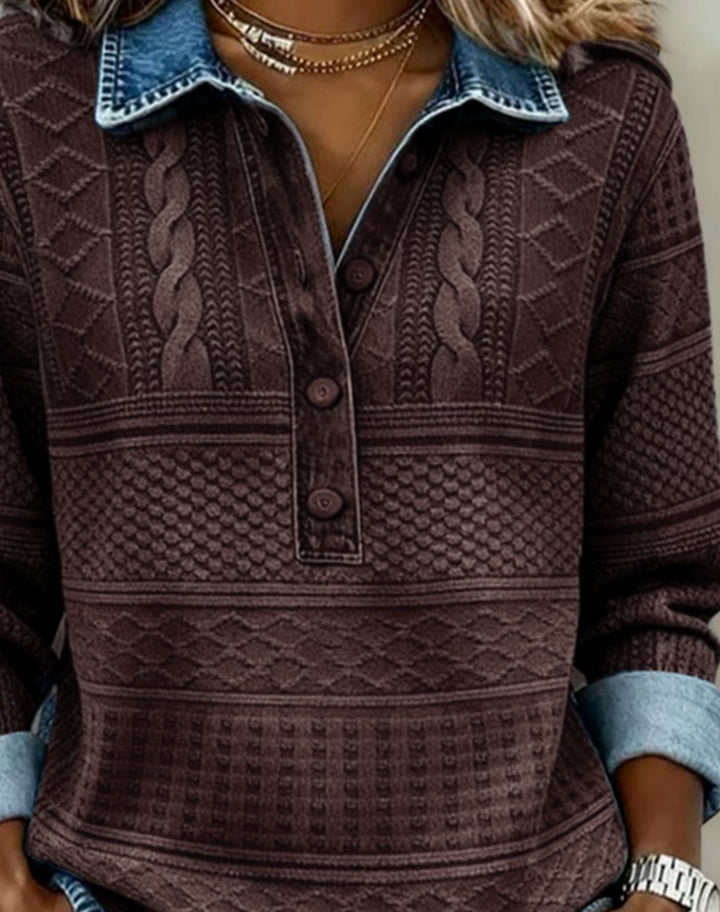 Women's Denim-Effect Cable-Knit Polo Button Pullover Top
