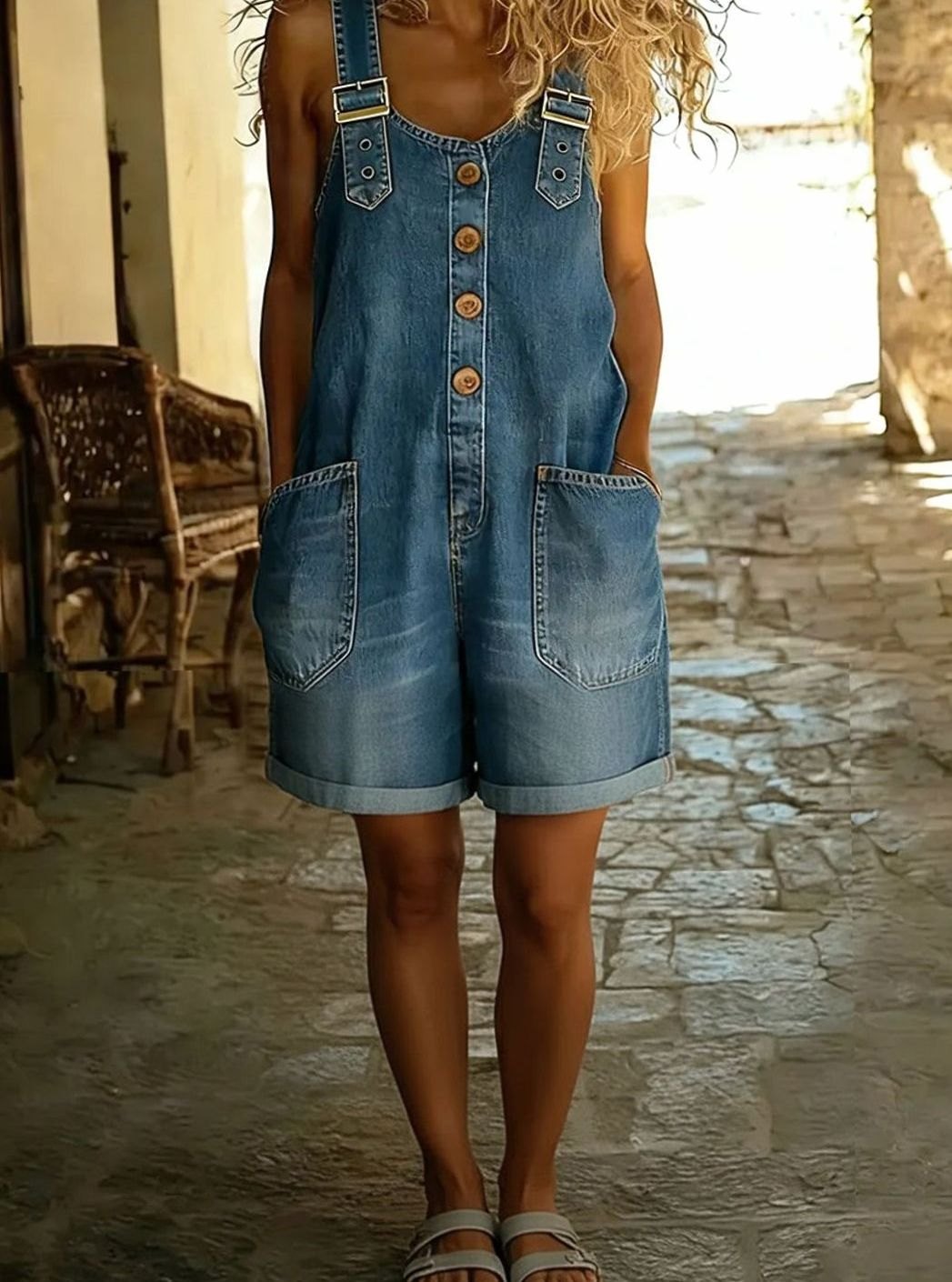 Women's Denim Jumpsuit Adjustable Strap Button-Front Short Overalls - Blue