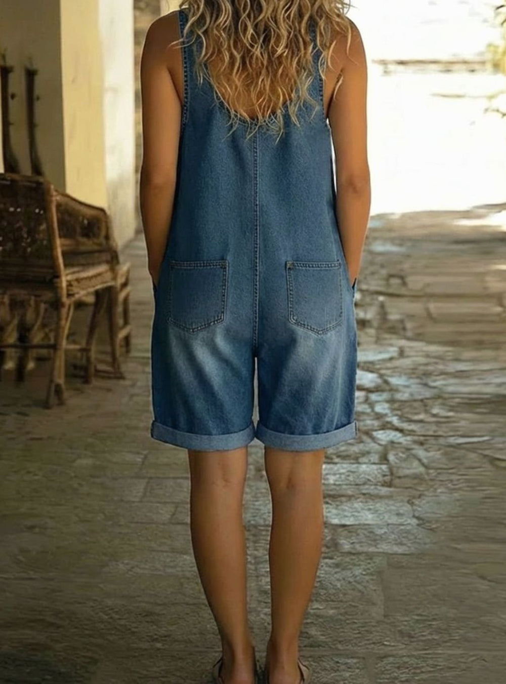 Women's Denim Jumpsuit Adjustable Strap Button-Front Short Overalls