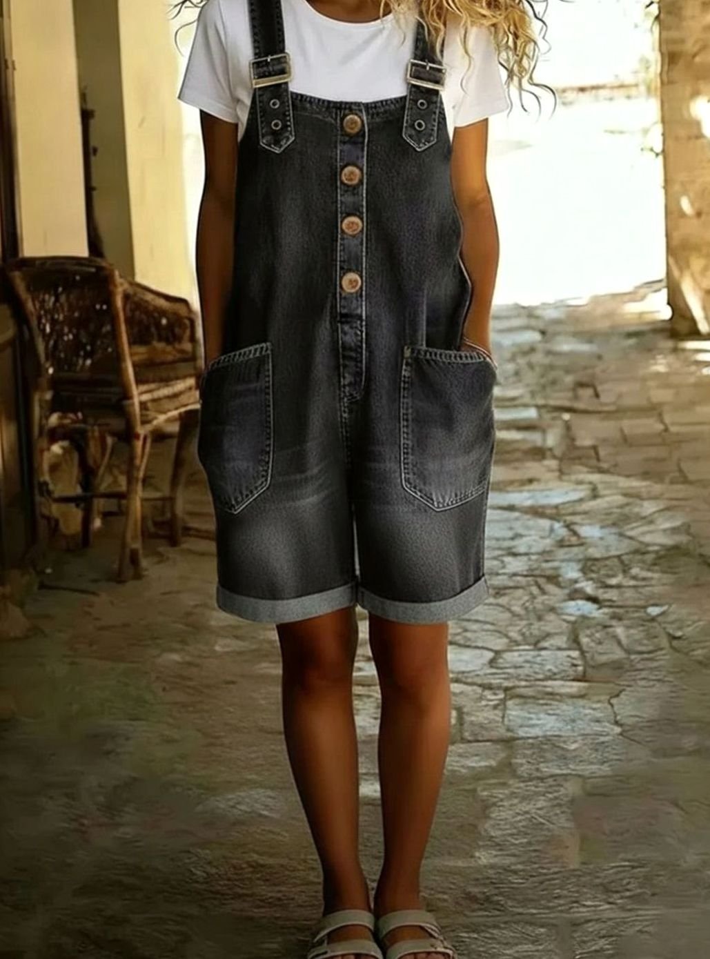 Women's Denim Jumpsuit Adjustable Strap Button-Front Short Overalls - Black