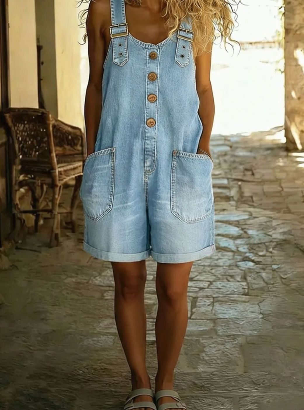 Women's Denim Jumpsuit Adjustable Strap Button-Front Short Overalls - Light Blue