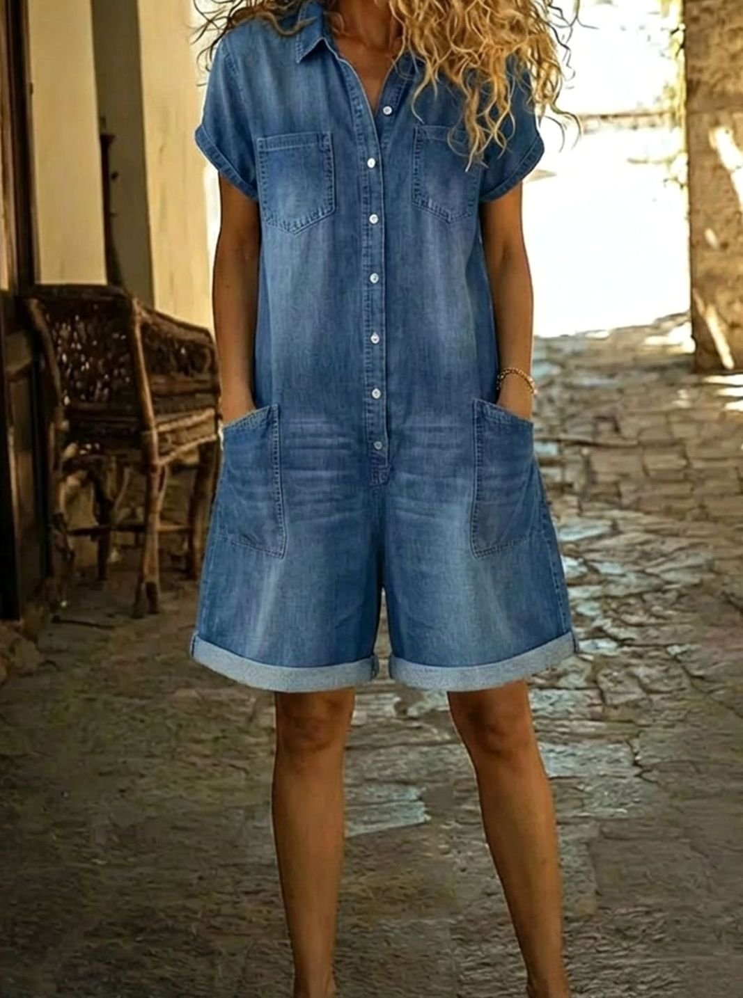 Women's Denim Jumpsuit Short-Sleeve Button-Down Relaxed Romper - Blue