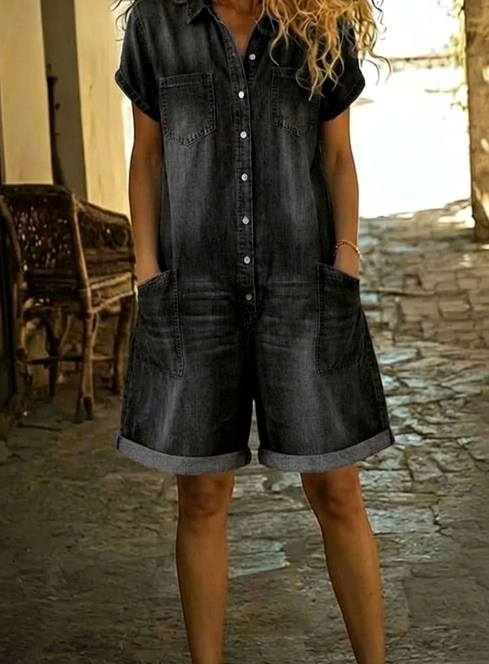 Women's Denim Jumpsuit Short-Sleeve Button-Down Relaxed Romper - Black