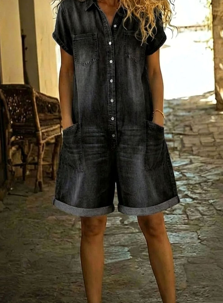 Women's Denim Jumpsuit Short-Sleeve Button-Down Relaxed Romper - Black