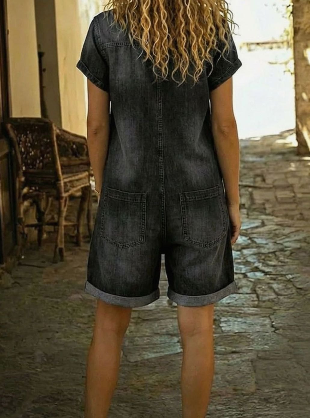 Women's Denim Jumpsuit Short-Sleeve Button-Down Relaxed Romper