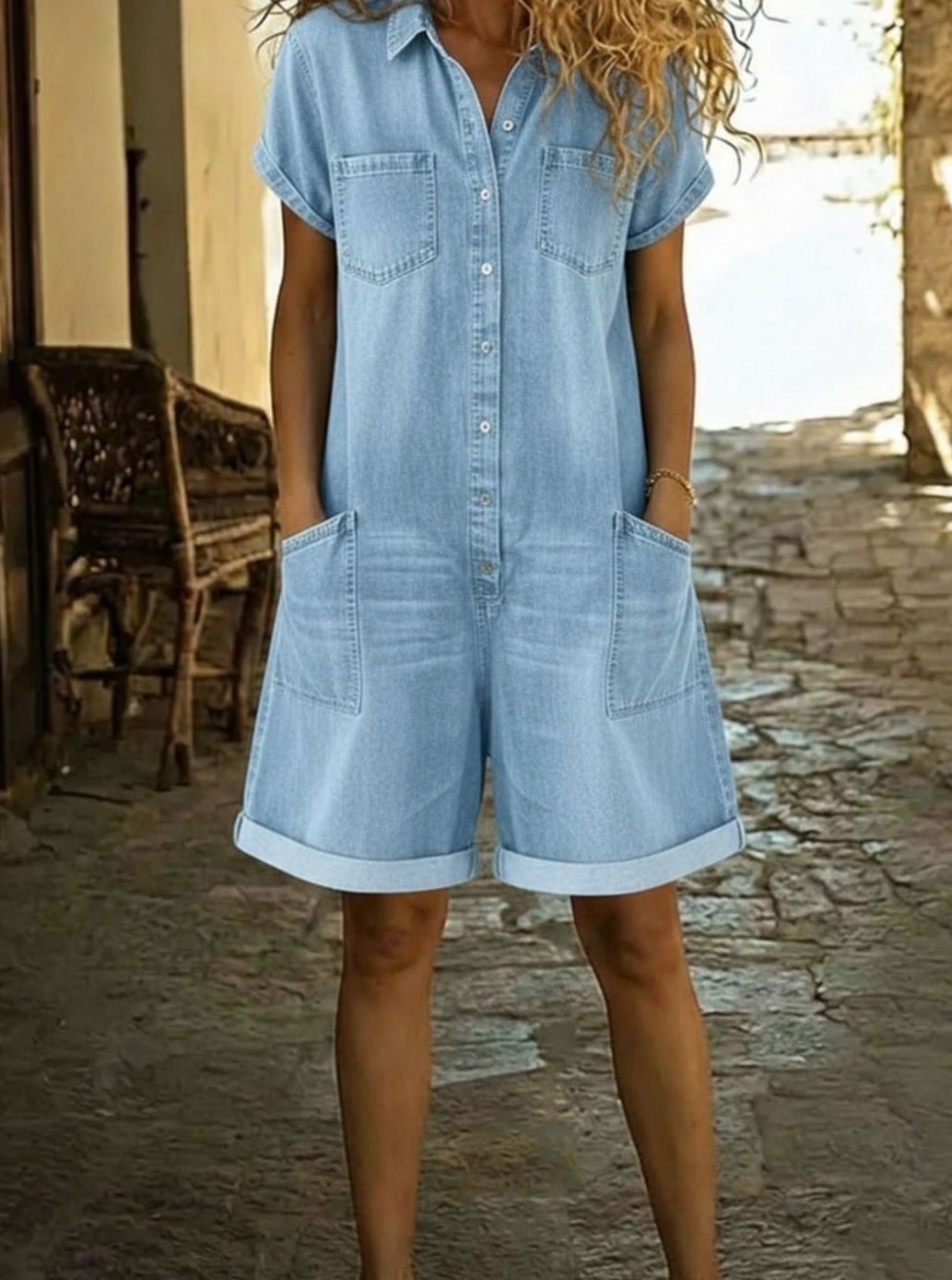 Women's Denim Jumpsuit Short-Sleeve Button-Down Relaxed Romper - Light Blue