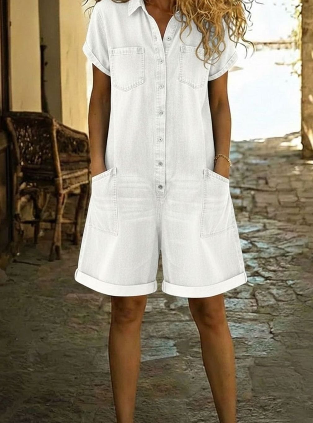Women's Denim Jumpsuit Short-Sleeve Button-Down Relaxed Romper - White