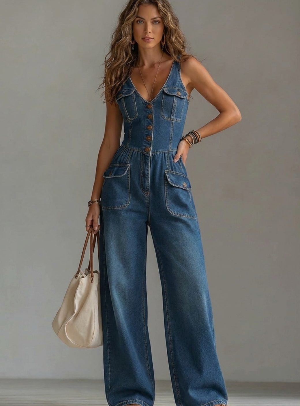 Women's Denim Wide-Leg Sleeveless Button-Front Jumpsuit - Blue