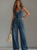 Evelyn | Women's Denim Wide-Leg Sleeveless Button-Front Jumpsuit