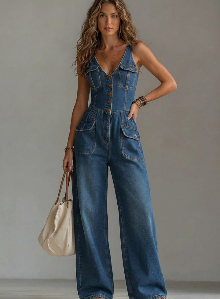 Women's Denim Wide-Leg Sleeveless Button-Front Jumpsuit - Blue