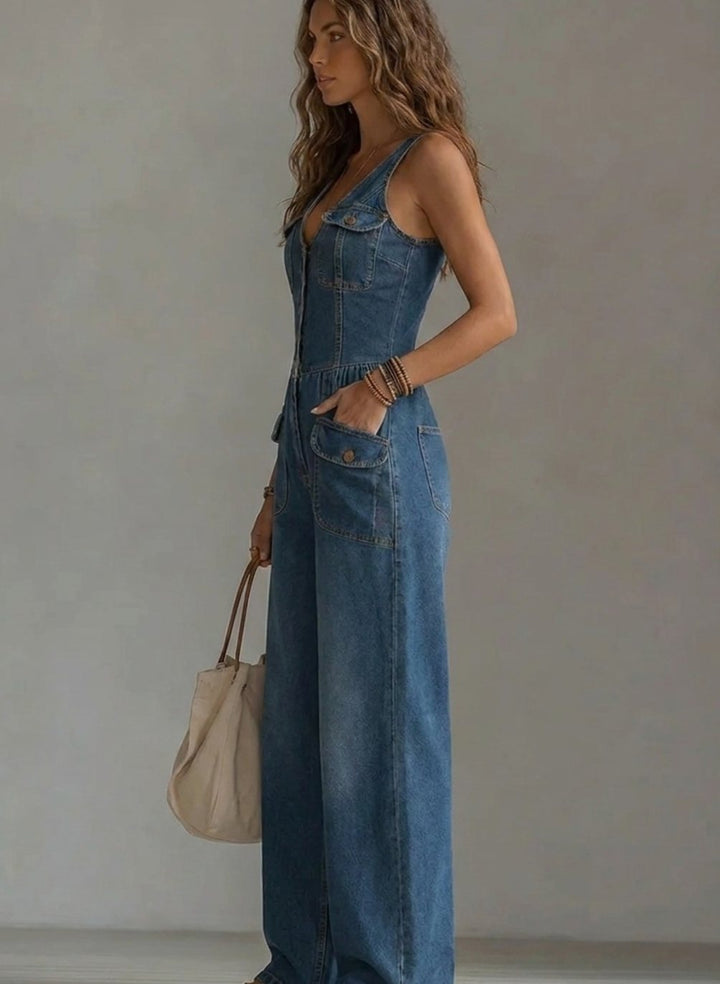Women's Denim Wide-Leg Sleeveless Button-Front Jumpsuit