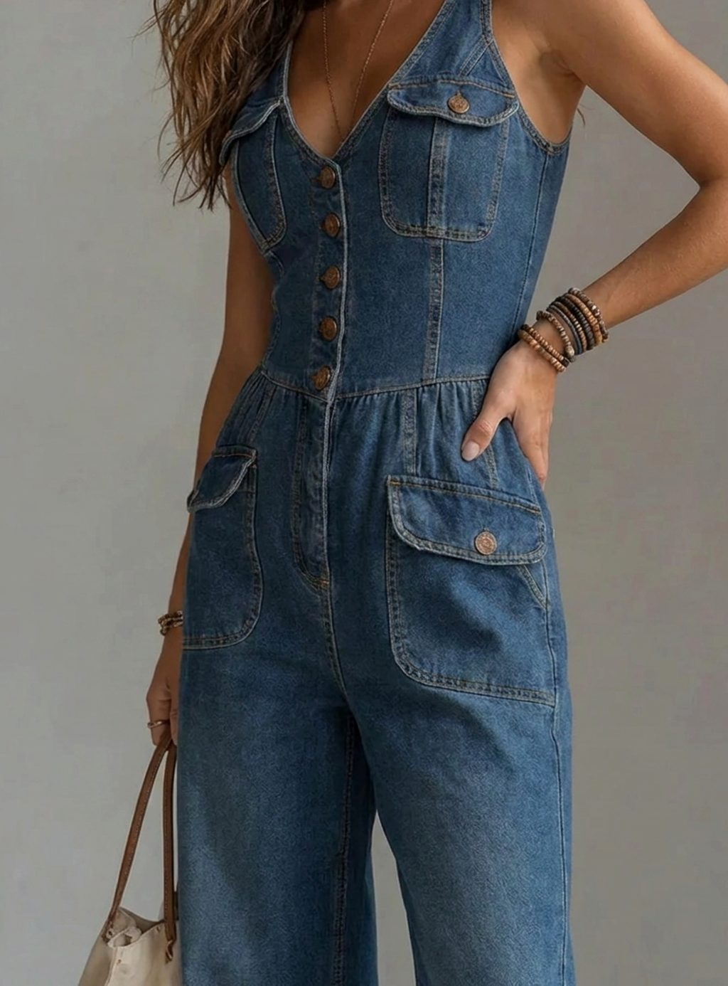 Women's Denim Wide-Leg Sleeveless Button-Front Jumpsuit