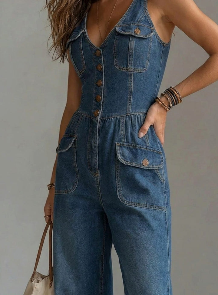 Women's Denim Wide-Leg Sleeveless Button-Front Jumpsuit