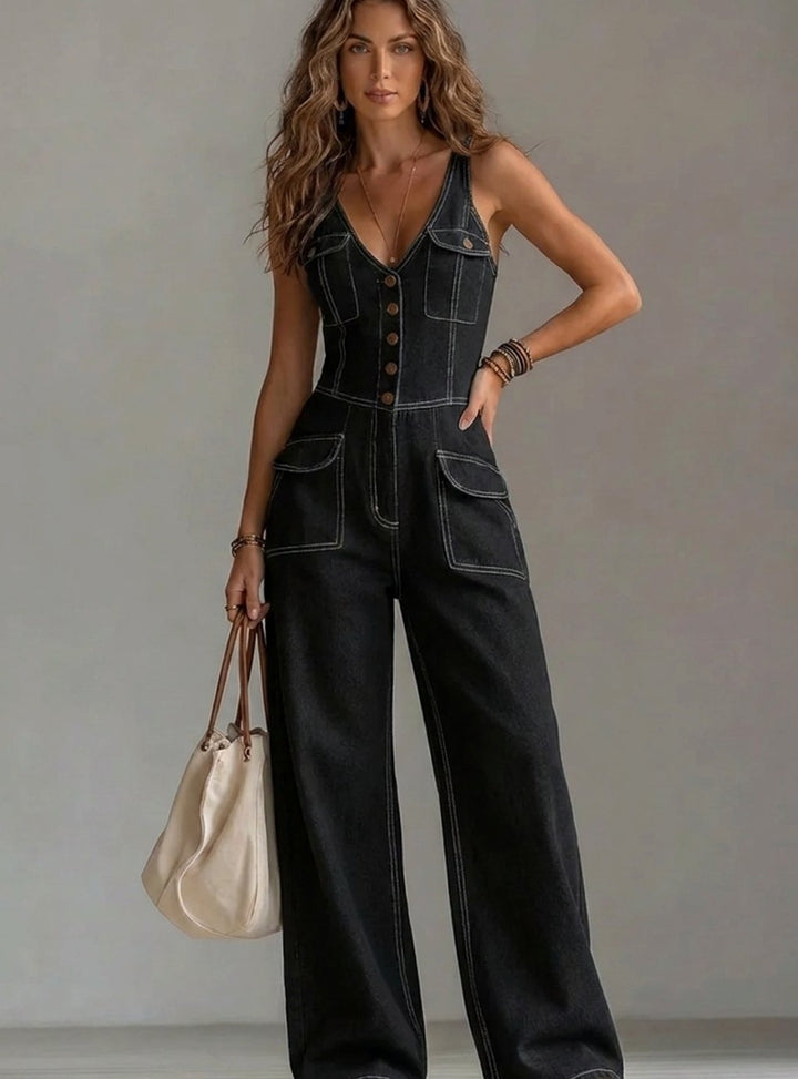 Women's Denim Wide-Leg Sleeveless Button-Front Jumpsuit - Black