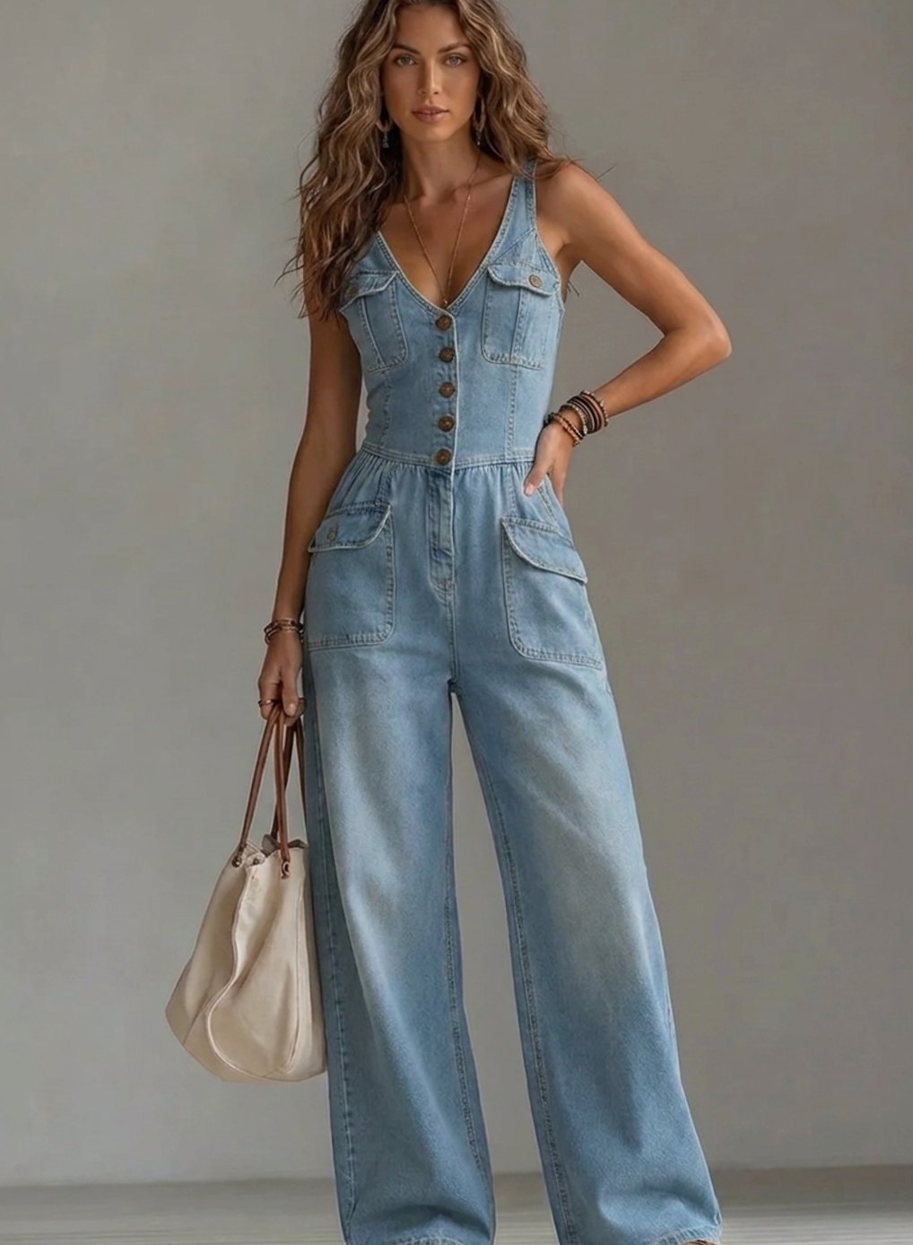 Women's Denim Wide-Leg Sleeveless Button-Front Jumpsuit - Light Blue