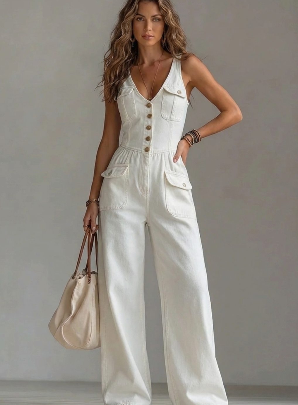 Women's Denim Wide-Leg Sleeveless Button-Front Jumpsuit - White