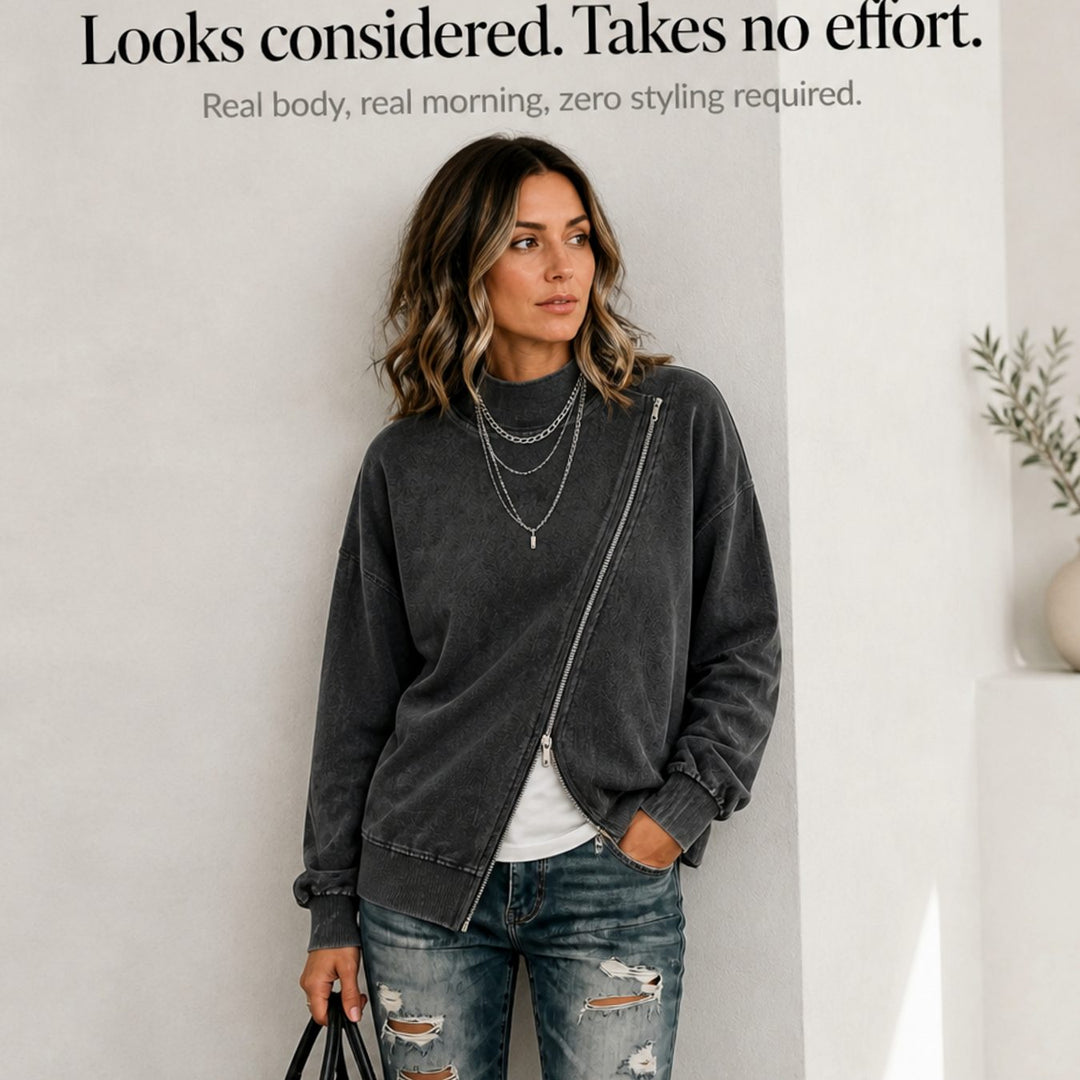 Women's Diagonal Zip Drop-Shoulder Oversized Sweatshirt Jacket