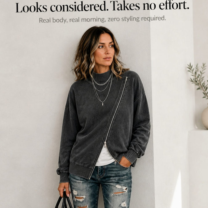 Women's Diagonal Zip Drop-Shoulder Oversized Sweatshirt Jacket