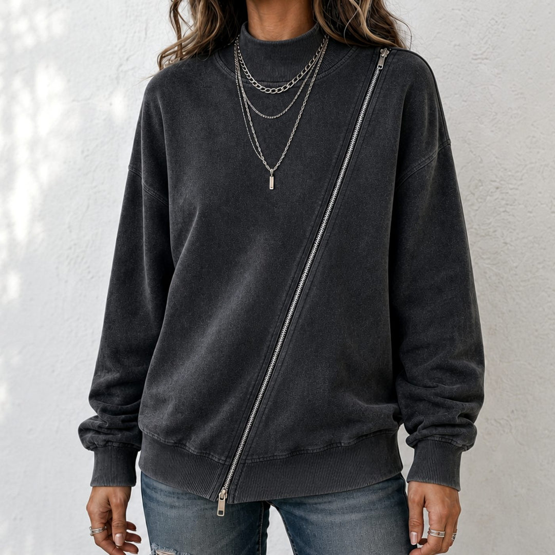 Women's Diagonal Zip Drop-Shoulder Oversized Sweatshirt Jacket
