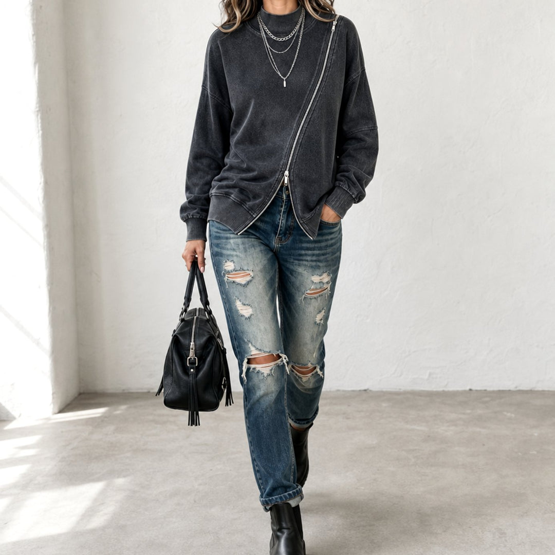 Women's Diagonal Zip Drop-Shoulder Oversized Sweatshirt Jacket