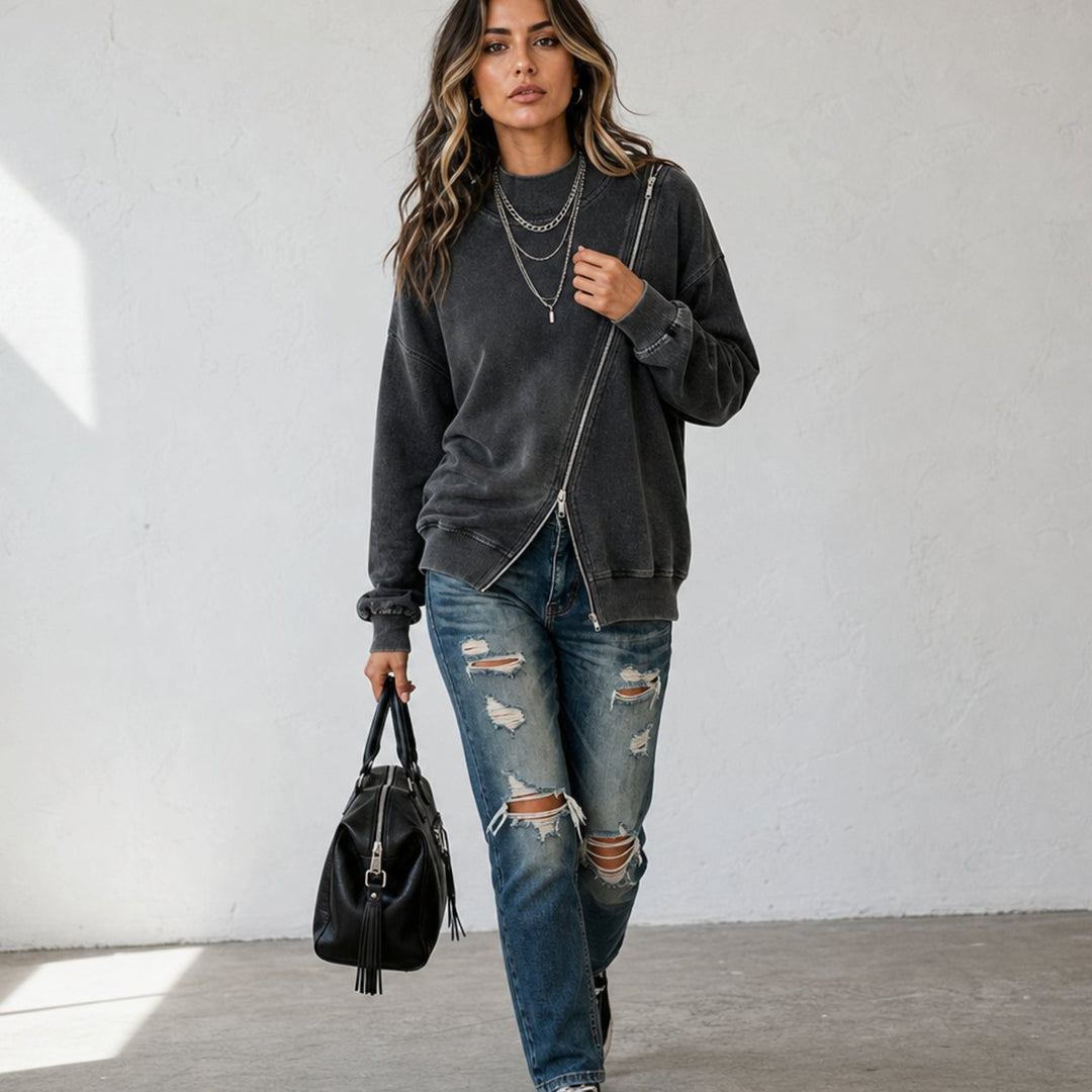 Women's Diagonal Zip Drop-Shoulder Oversized Sweatshirt Jacket
