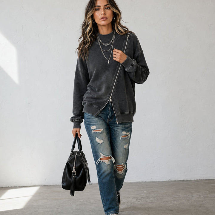 Women's Diagonal Zip Drop-Shoulder Oversized Sweatshirt Jacket