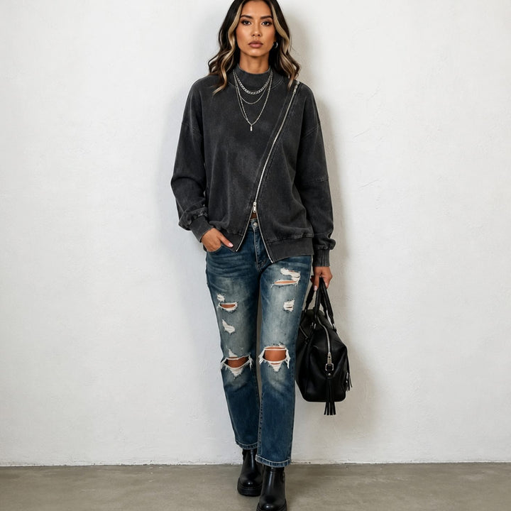 Women's Diagonal Zip Drop-Shoulder Oversized Sweatshirt Jacket