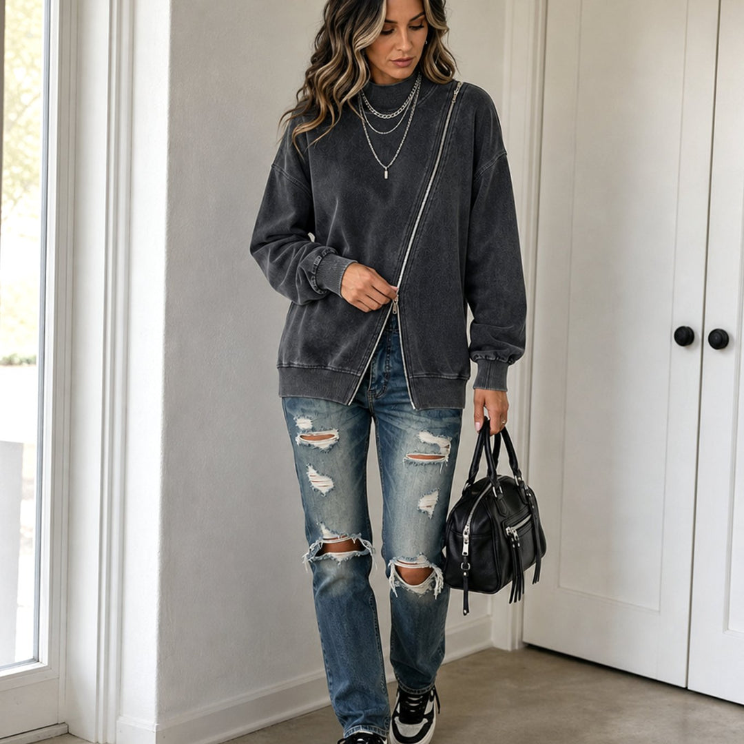 Women's Diagonal Zip Drop-Shoulder Oversized Sweatshirt Jacket