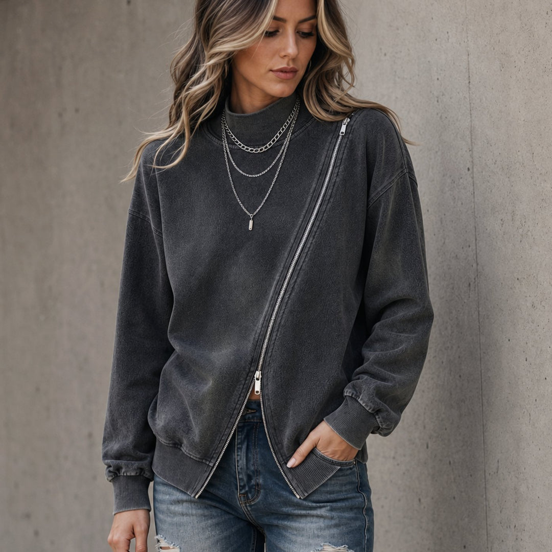 Women's Diagonal Zip Drop-Shoulder Oversized Sweatshirt Jacket
