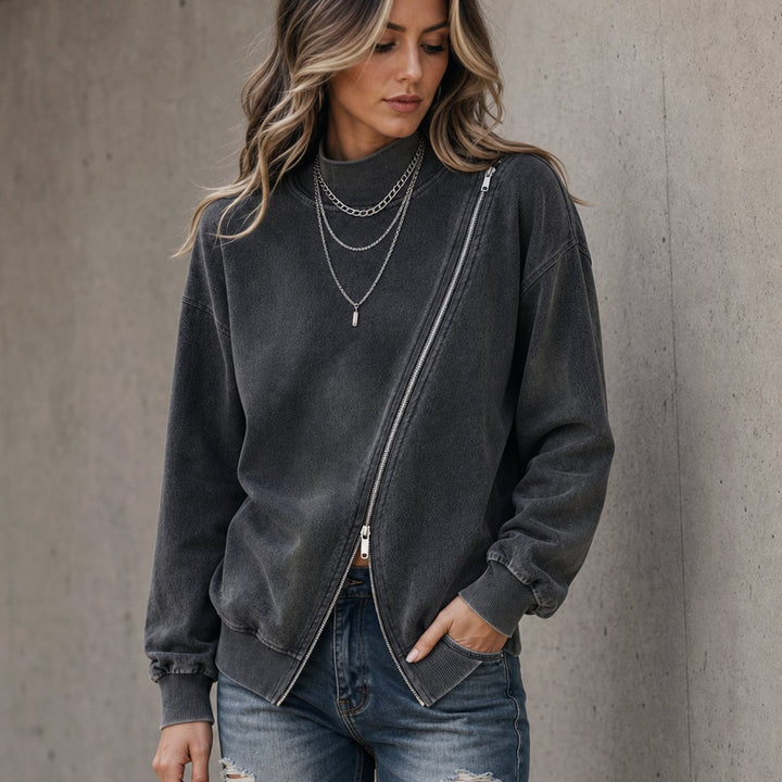 Women's Diagonal Zip Drop-Shoulder Oversized Sweatshirt Jacket