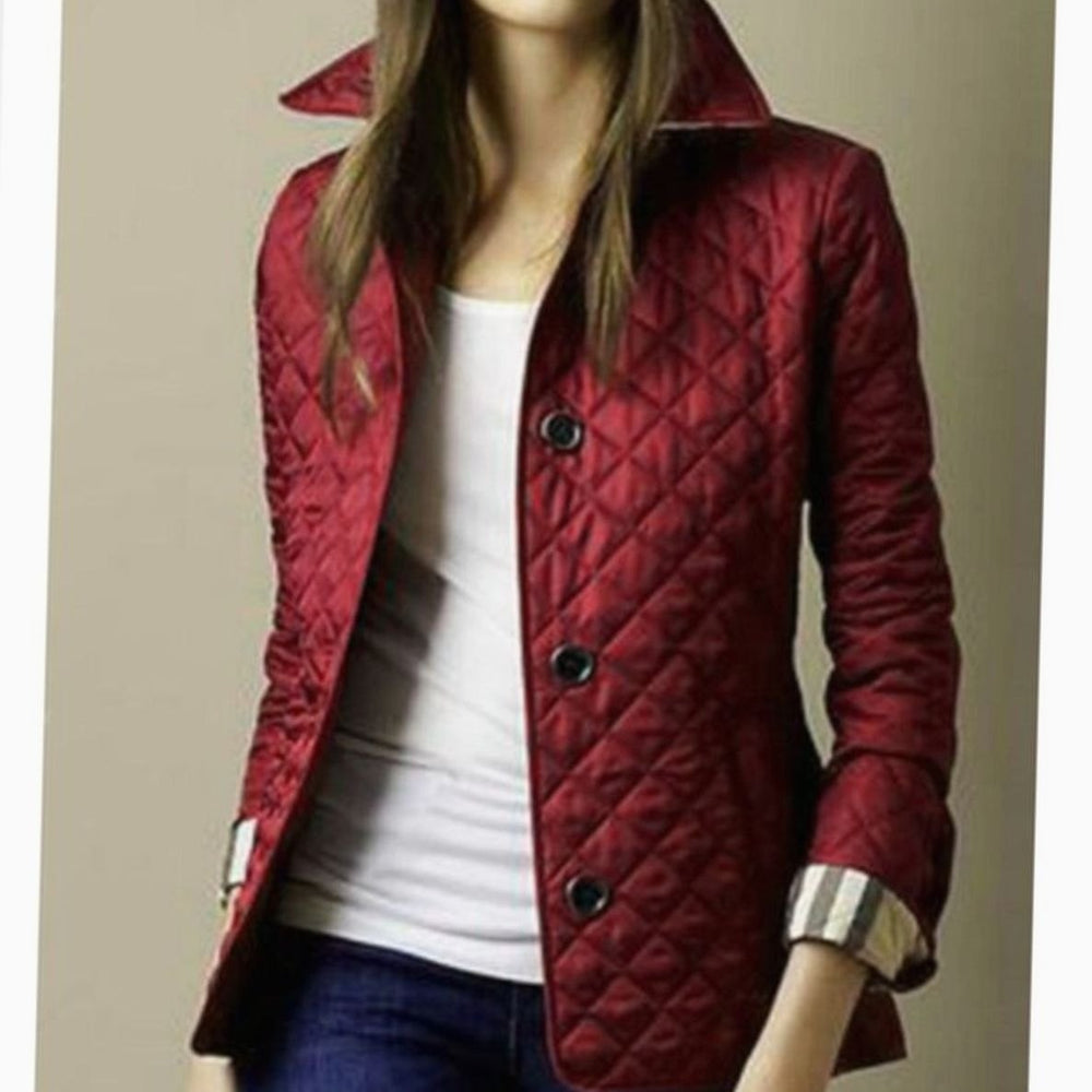 Women's Diamond Quilted Button-Down Lightweight Winter Coat - Burgundy