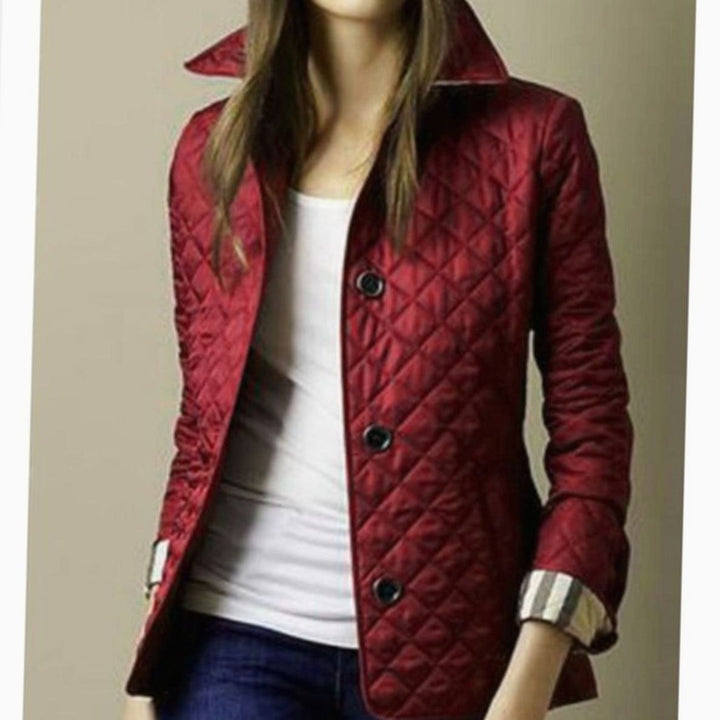 Women's Diamond Quilted Button-Down Lightweight Winter Coat - Burgundy