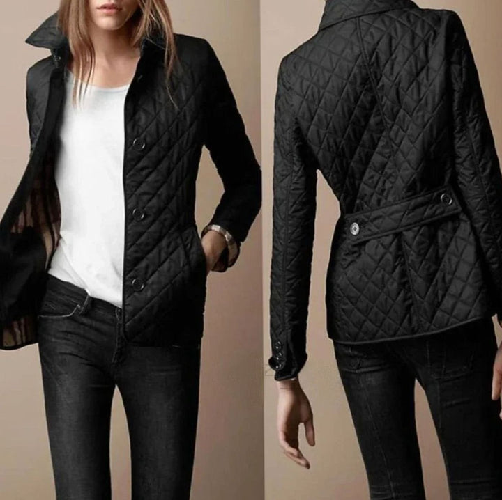 Women's Diamond Quilted Button-Down Lightweight Winter Coat - Black