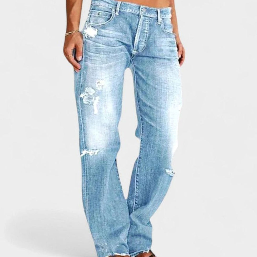 Women's Distressed Bootcut Low-Rise Straight Leg Jeans - Light Blue