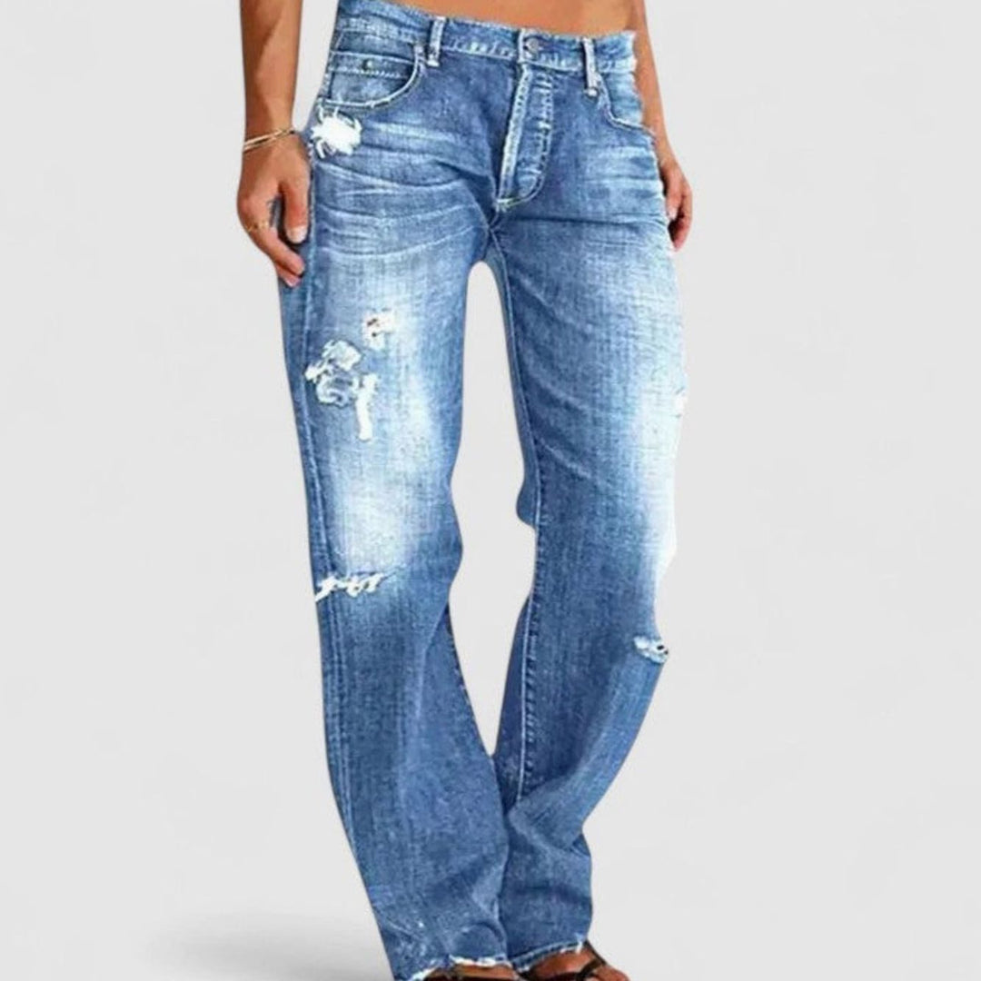 Women's Distressed Bootcut Low-Rise Straight Leg Jeans - Blue