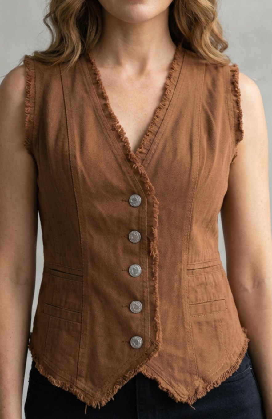 Women's Distressed Denim Button-Front Frayed Waistcoat Vest - Brown