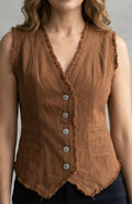 Grace | Women's Distressed Denim Button-Front Frayed Waistcoat Vest
