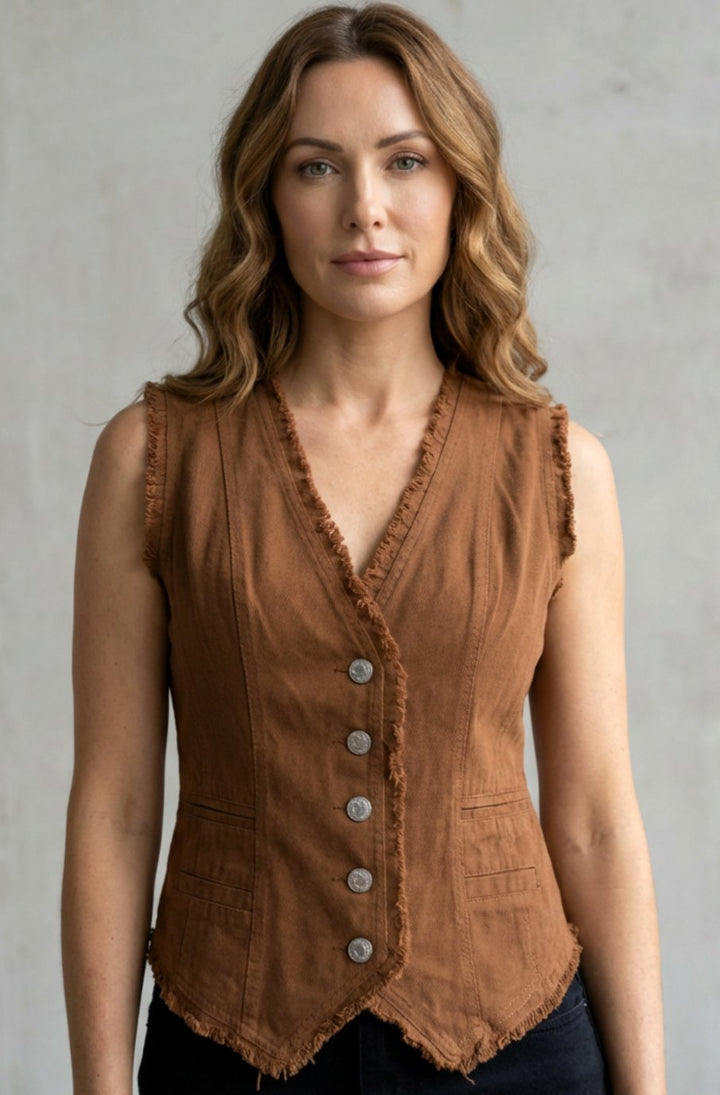 Women's Distressed Denim Button-Front Frayed Waistcoat Vest
