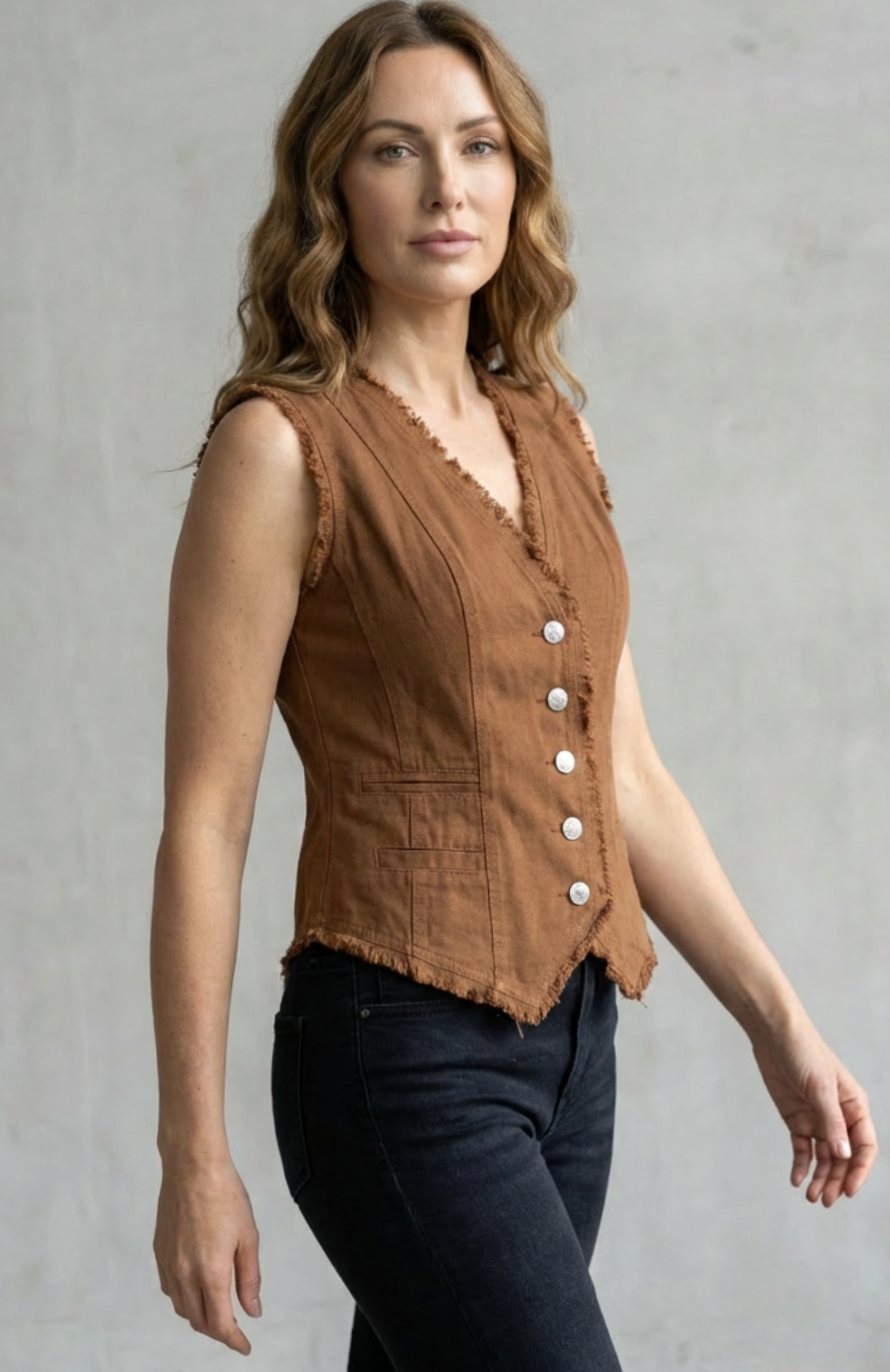Women's Distressed Denim Button-Front Frayed Waistcoat Vest