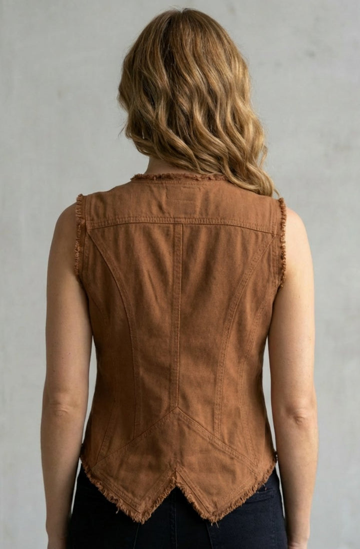 Women's Distressed Denim Button-Front Frayed Waistcoat Vest
