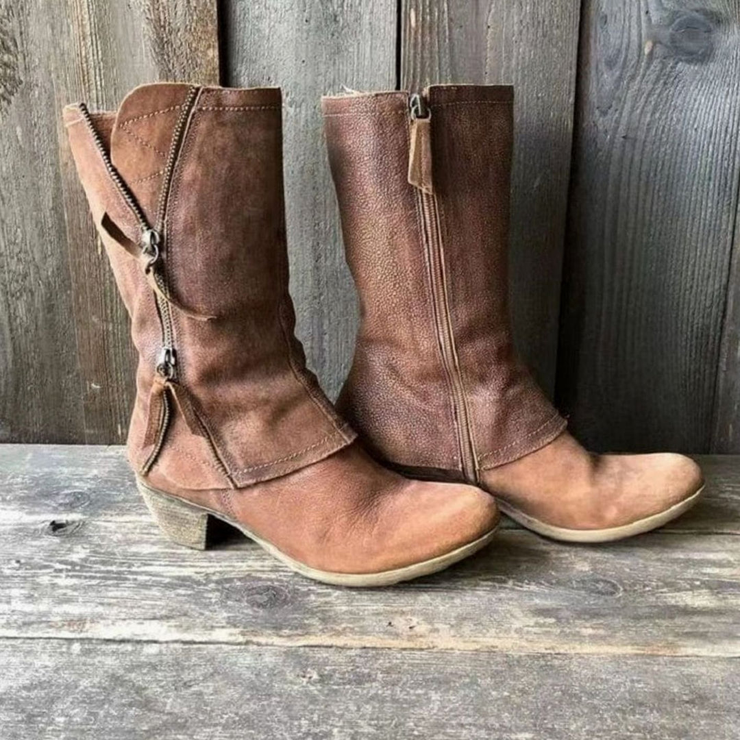 Women's Distressed Leather Mid-Calf Western Zip Boots