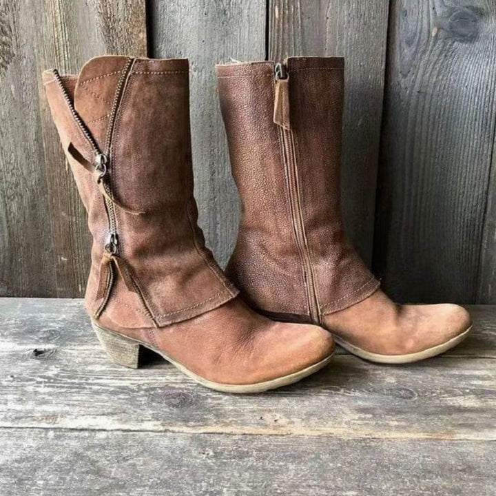 Women's Distressed Leather Mid-Calf Western Zip Boots