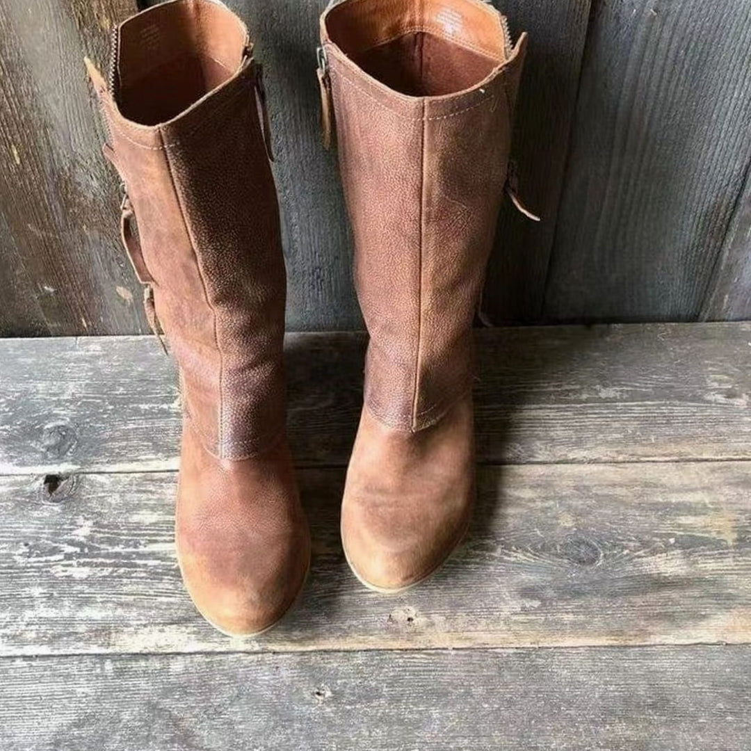 Women's Distressed Leather Mid-Calf Western Zip Boots