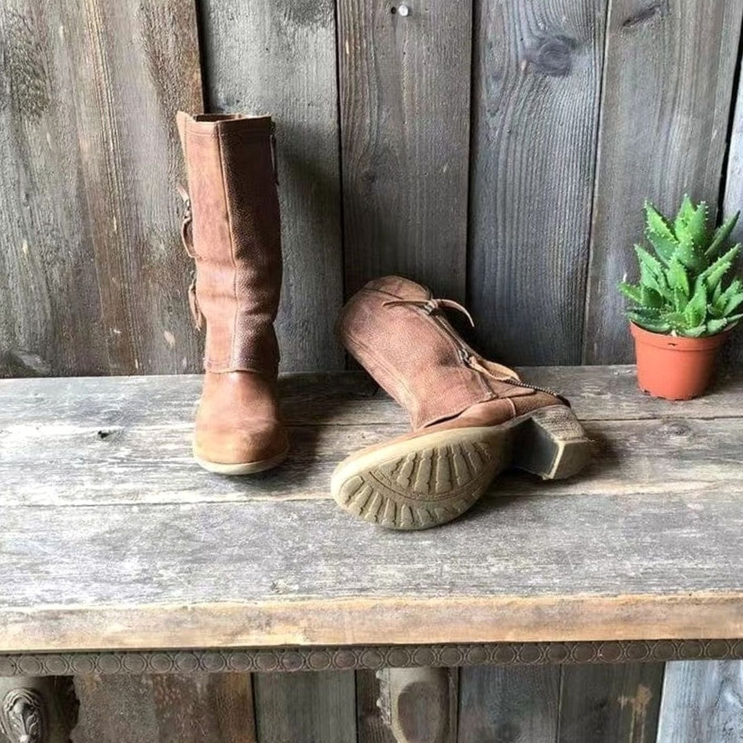 Women's Distressed Leather Mid-Calf Western Zip Boots