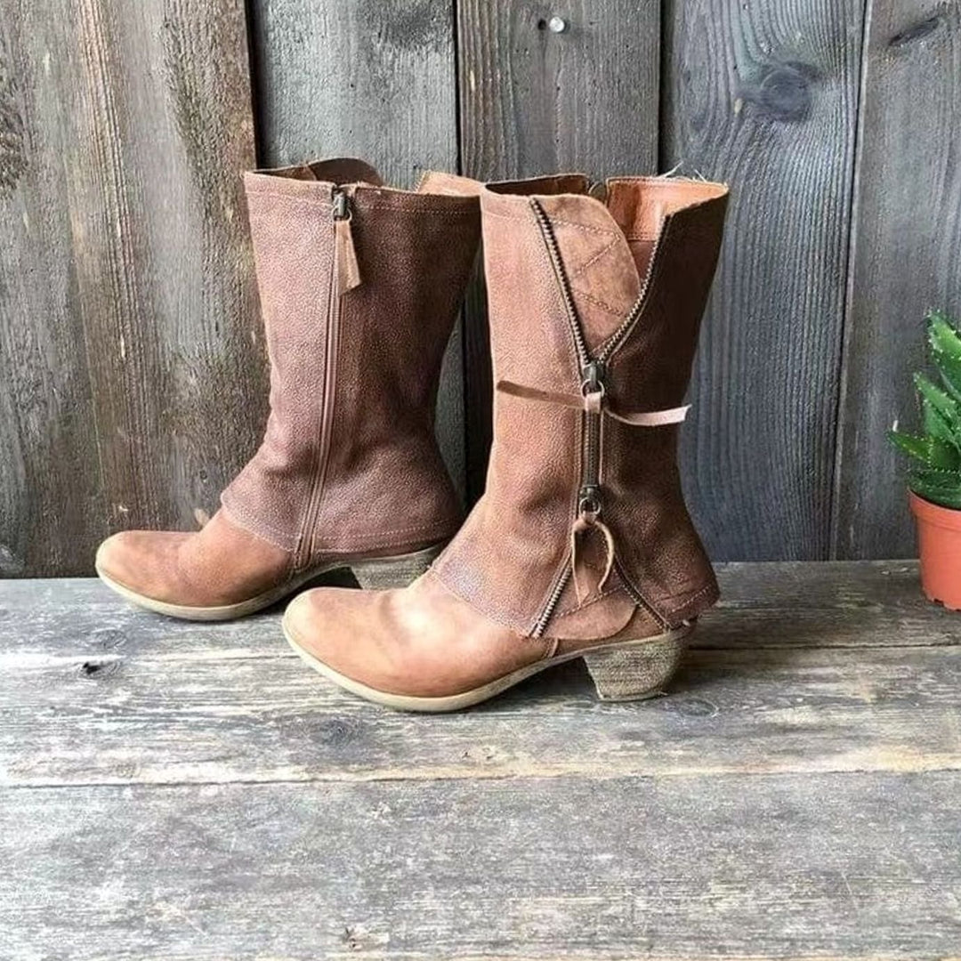 Women's Distressed Leather Mid-Calf Western Zip Boots