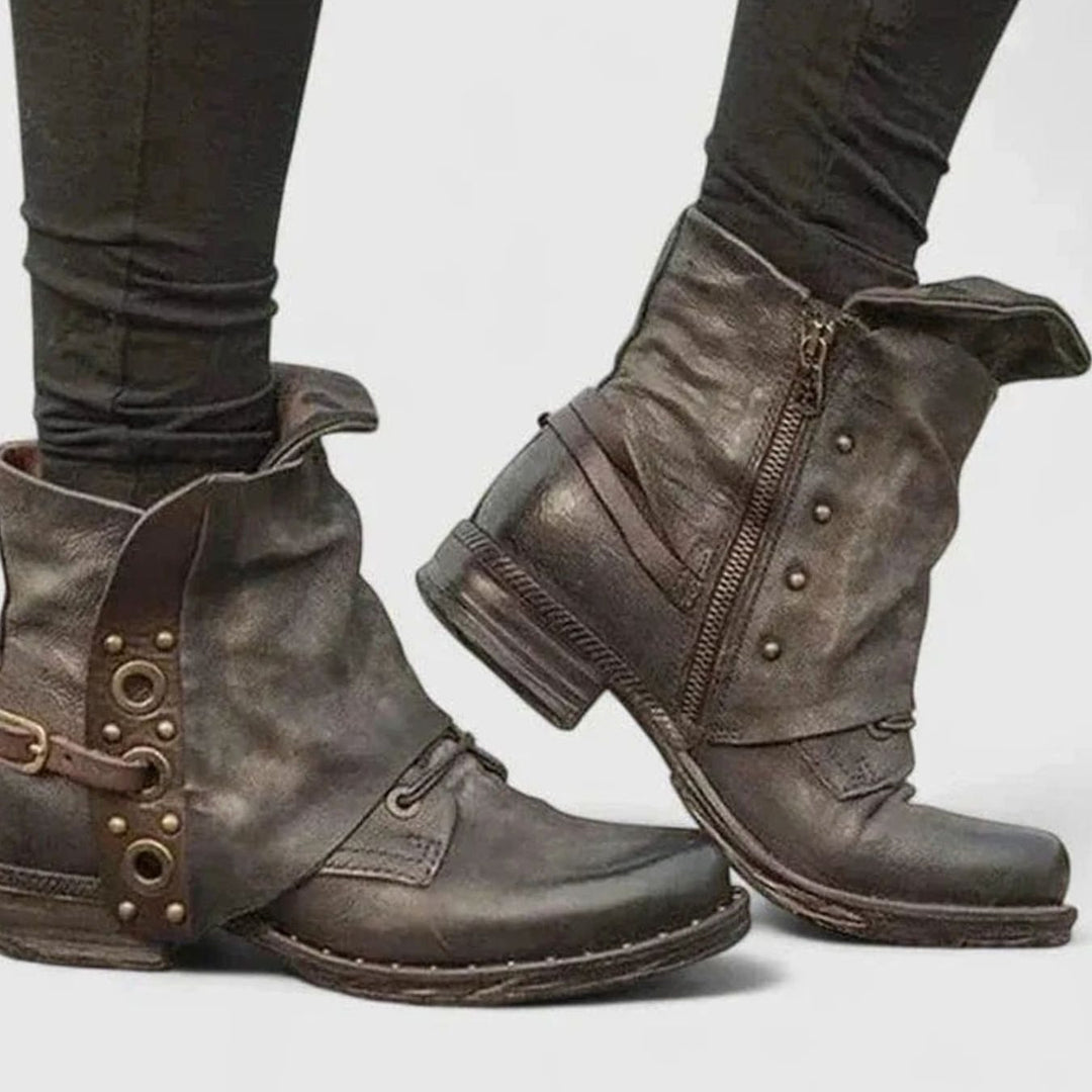 Women's Distressed Rivet Strap Side-Zip Ankle Boots - Brown