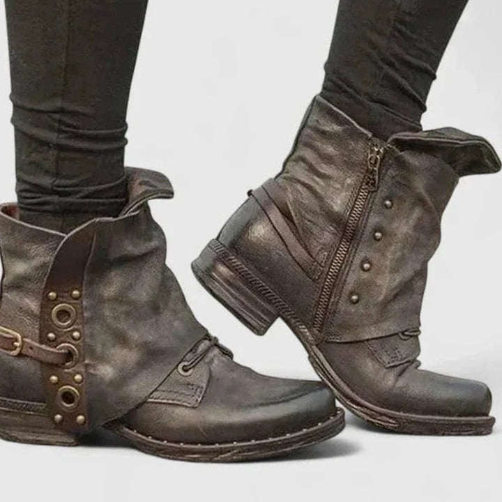 Women's Distressed Rivet Strap Side-Zip Ankle Boots - Brown
